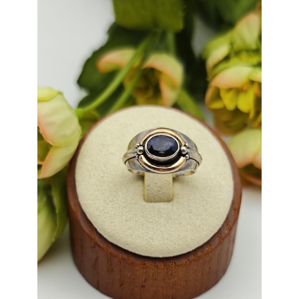 Artisan Iolite Sterling Silver 18K Gold Ring Women 4.5 Blue Boho Vintage